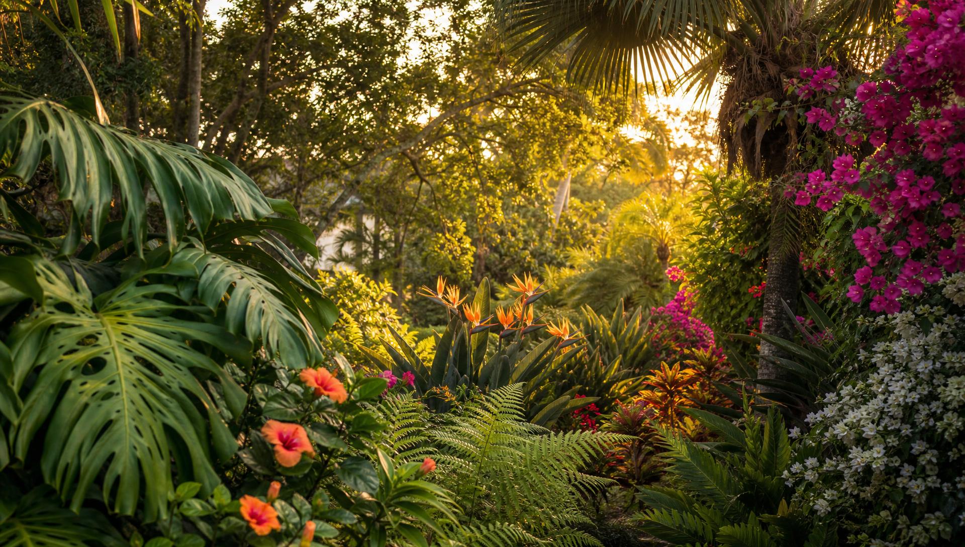 A bright, diverse garden with flowers, plants and trees